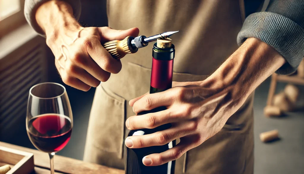 Abrindo garrafa de vinho com saca-rolhas