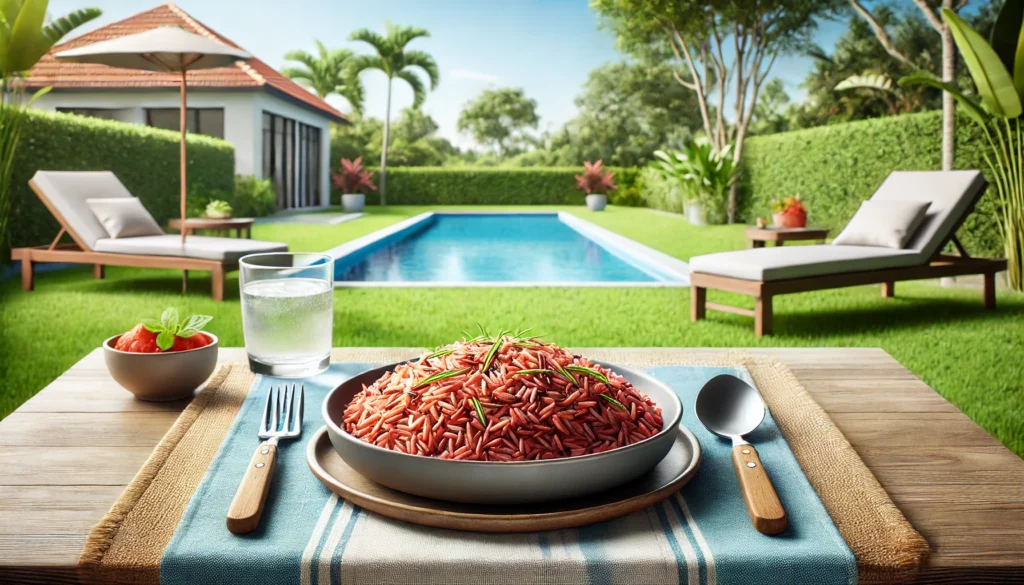 Prato de arroz vermelho ao lado de piscina.