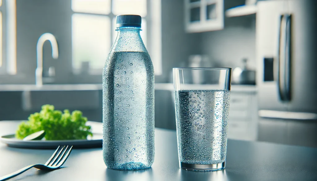 Garrafa e copo de água na cozinha.