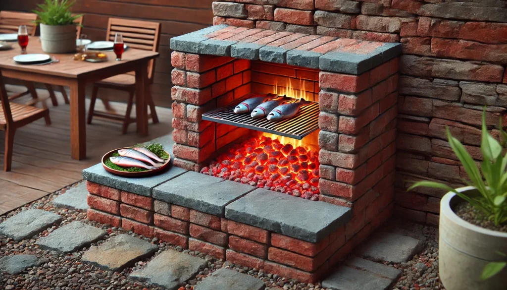 Grelha de tijolo com peixes assando.