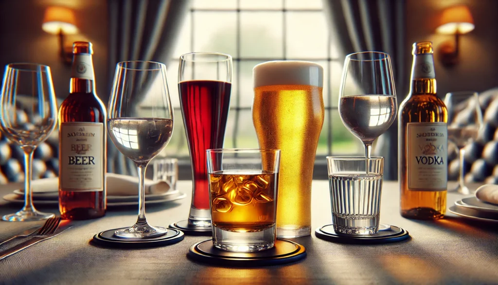 Bebidas diversas em mesa de restaurante.