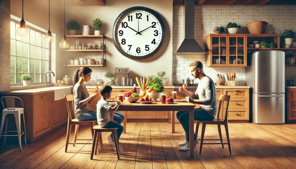 Família a jantar na cozinha acolhedora