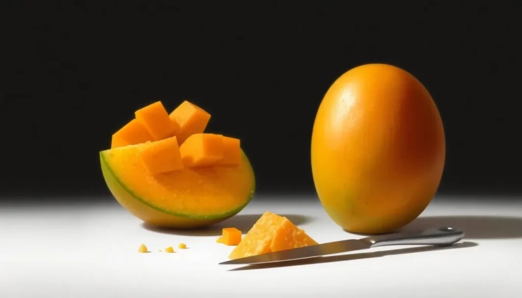 Manga inteira e fatiada com faca em fundo preto.