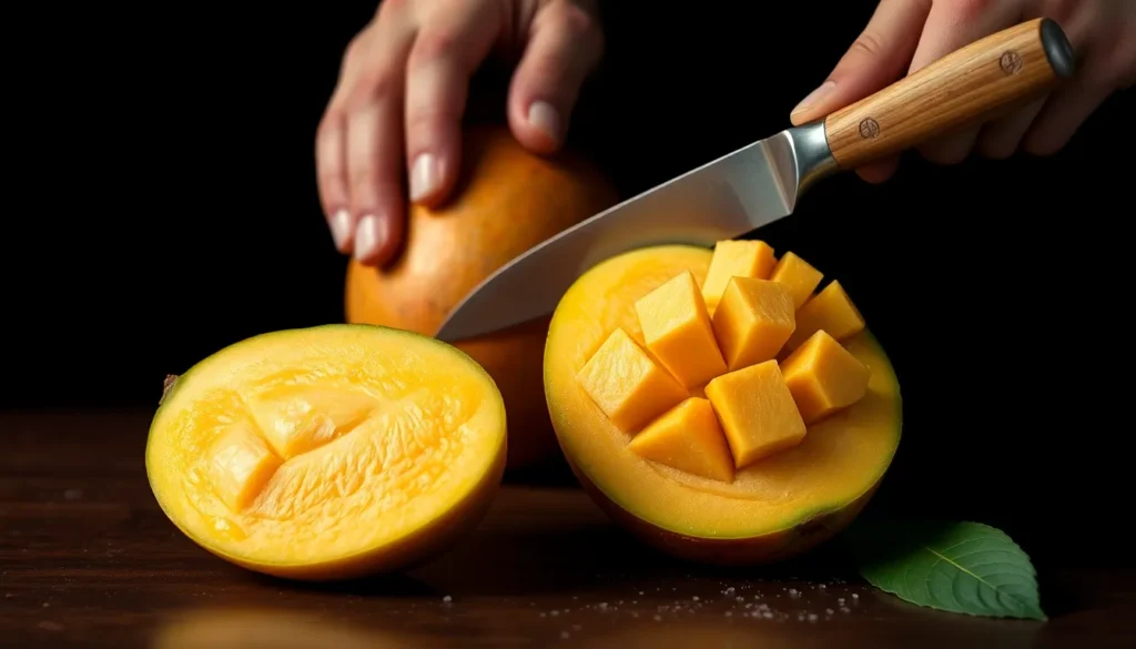 Manga fatiada sobre a mesa, pronta para servir.