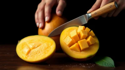 Manga fatiada sobre a mesa, pronta para servir.