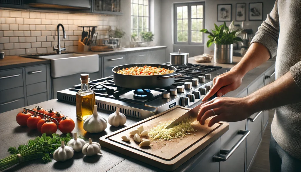 Pessoa a cozinhar com alho na cozinha moderna.
