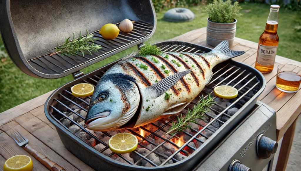 Peixe grelhado com limão e alecrim na churrasqueira.