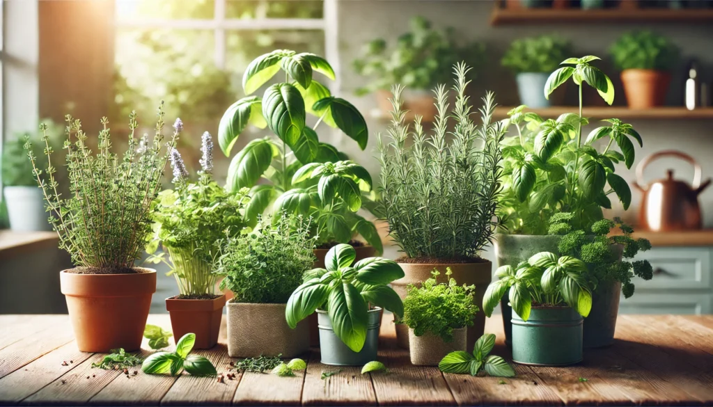 Plantas aromáticas em vasos numa mesa de madeira.