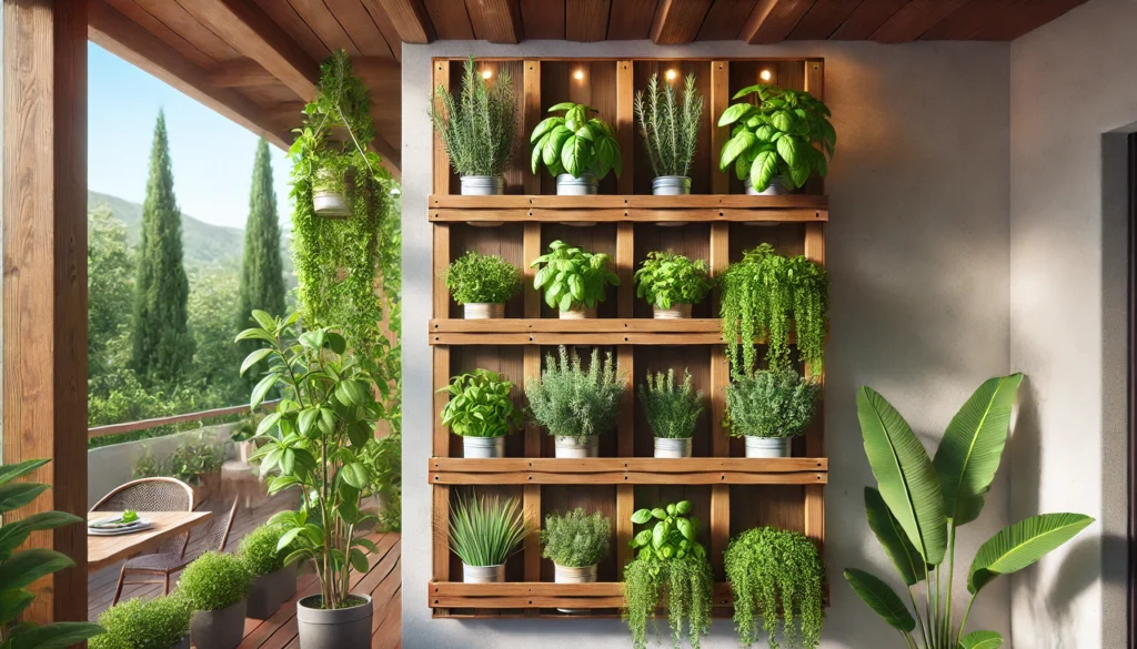 Varanda com jardim de ervas e plantas decorativas