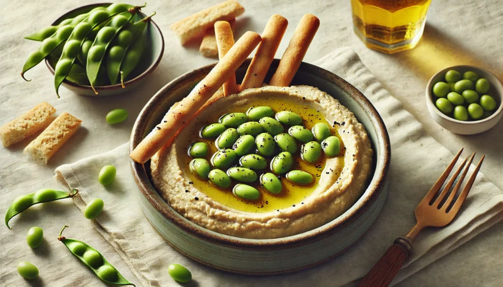 Húmus com edamame, palitos e azeite.