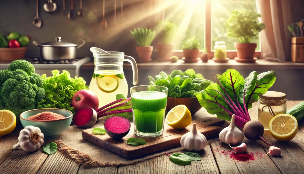 Mesa com vegetais frescos e sumo verde.