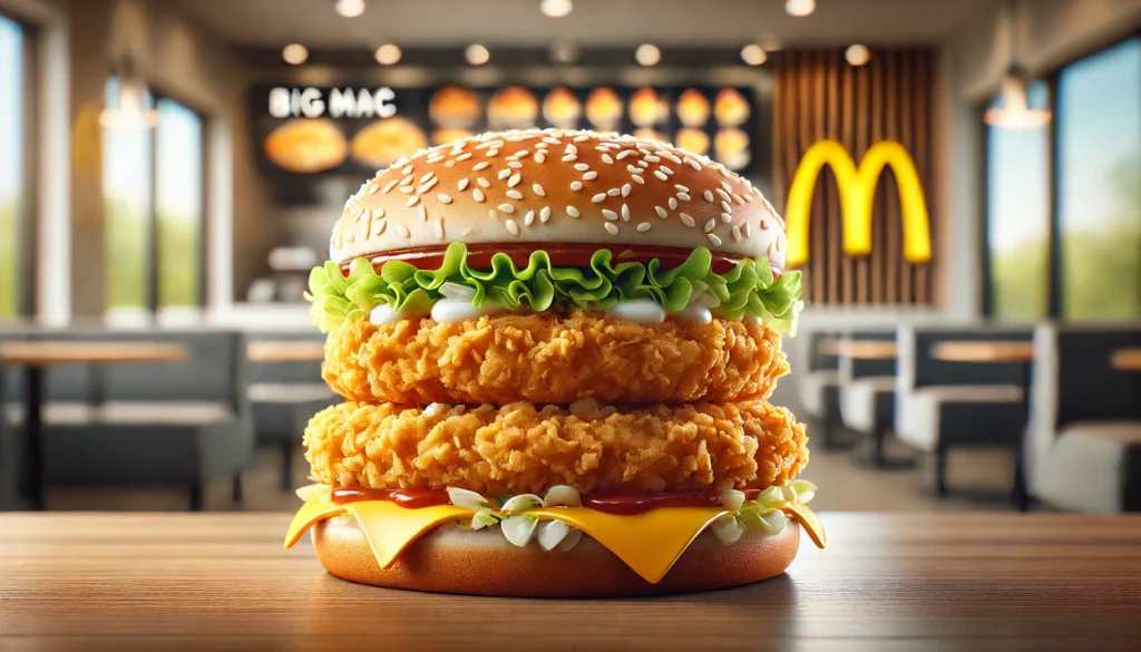 Hambúrguer frito com alface e queijo num restaurante.