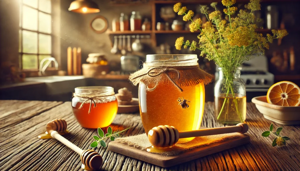 Frascos de mel em mesa rústica