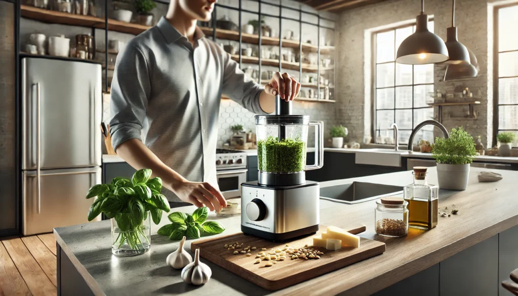 Pessoa usando processador de alimentos na cozinha moderna.