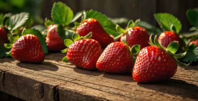 Morangos frescos sobre mesa de madeira
