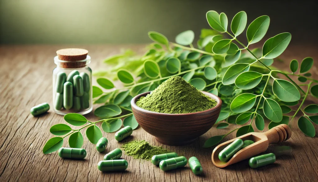 Suplementos de Moringa em cápsulas e pó