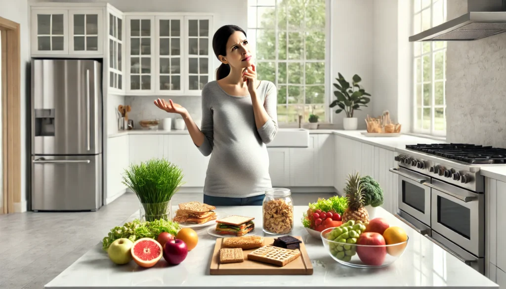 Mulher grávida escolhendo alimentos saudáveis na cozinha.