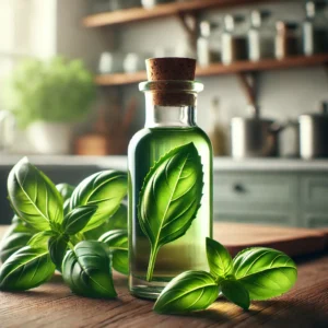 Frasco de óleo de manjericão em cozinha.