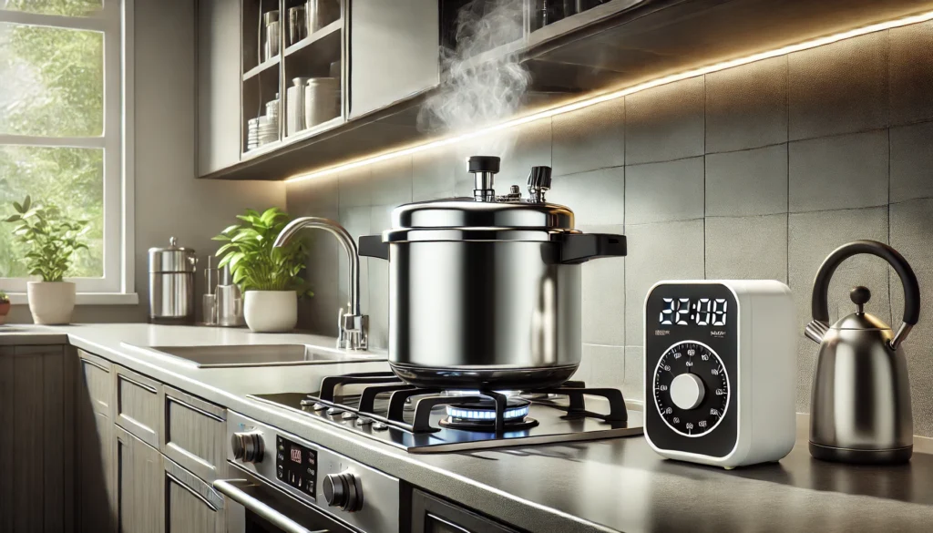 Cozinha moderna com panela de pressão.