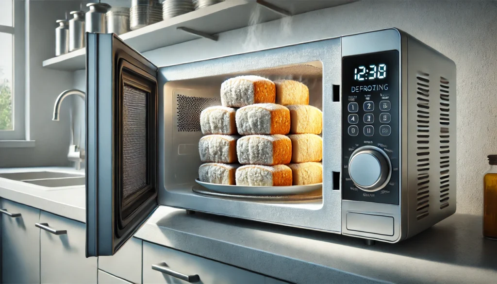 Micro-ondas moderno com pães congelados dentro