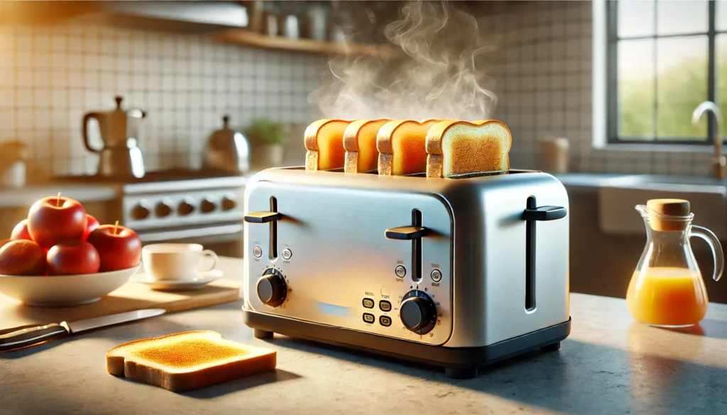 Torradeira com fatias de pão a torrar na cozinha.