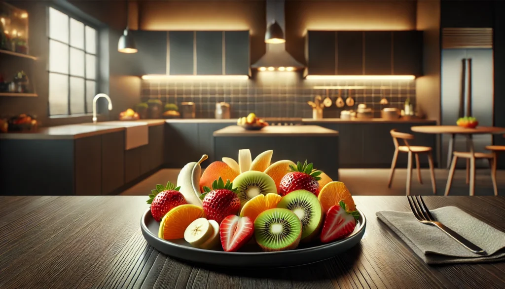 Prato de frutas frescas na cozinha moderna.