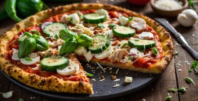 Pizza de vegetais frescos com manjericão.