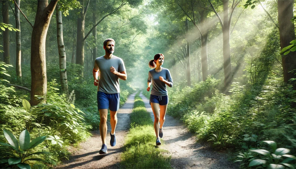 Casal a correr numa floresta verdejante.