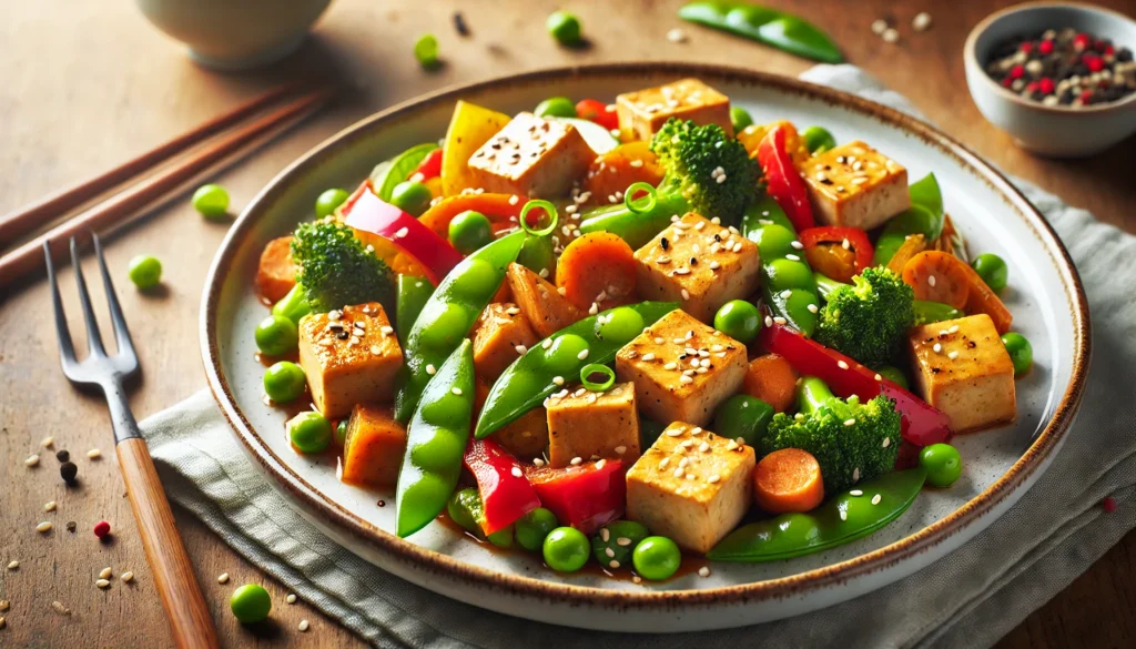 Tofu com legumes frescos e sementes de sésamo.