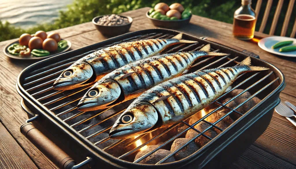 Sardinhas grelhadas ao ar livre no churrasco