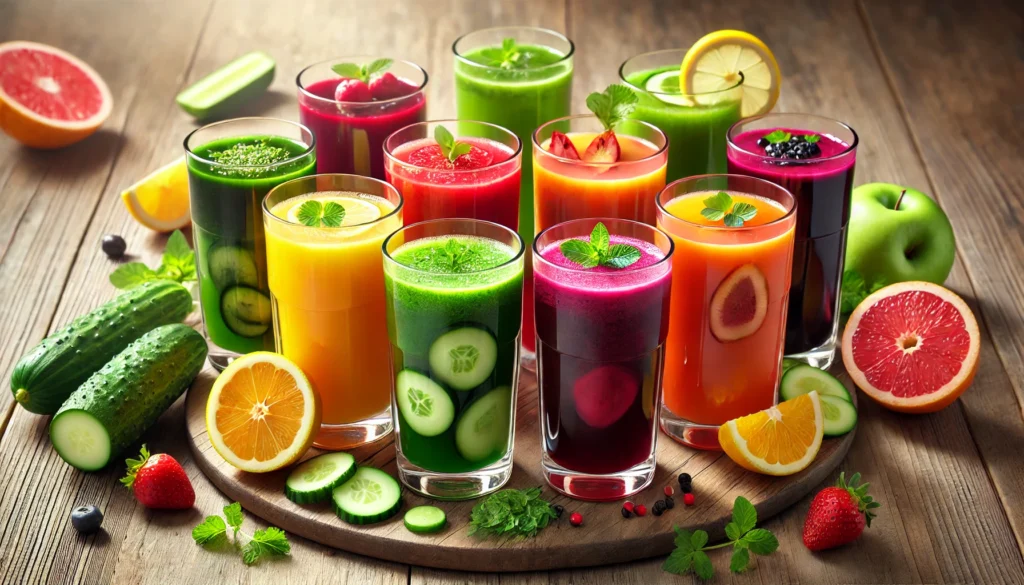 Vários copos de sumos detox de fruta variados e coloridos.