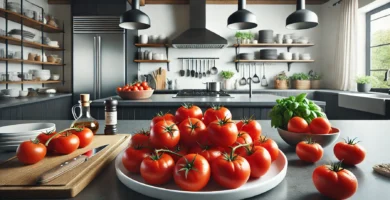 Tomates frescos na cozinha moderna.