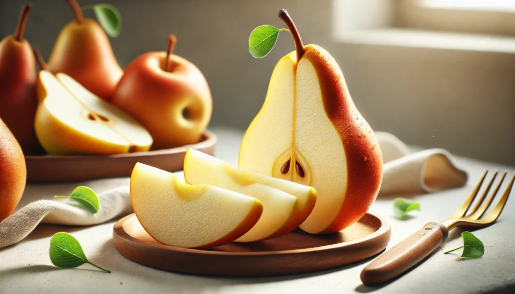 Peras frescas cortadas em fatias sobre prato