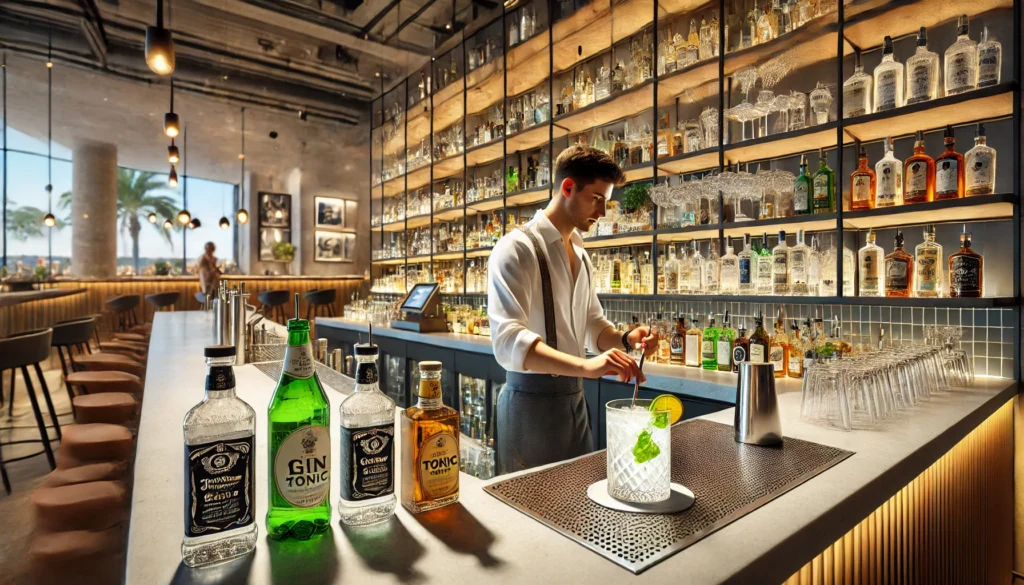 Bartender prepara coquetel em bar elegante.