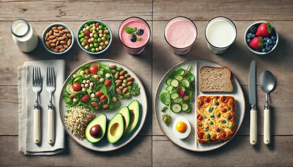 Pequeno-almoço saudável com ovos, legumes, frutas e nozes.